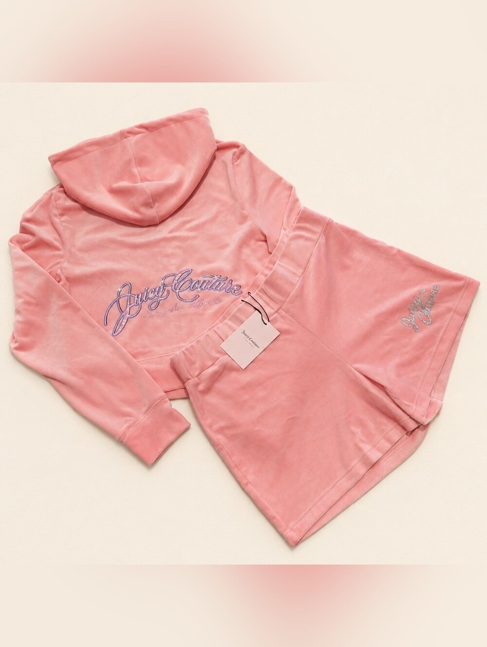 Juicy Couture Flamingo Velour Glitter Script Logo Zip Up Hoodie & Shorts Set - M